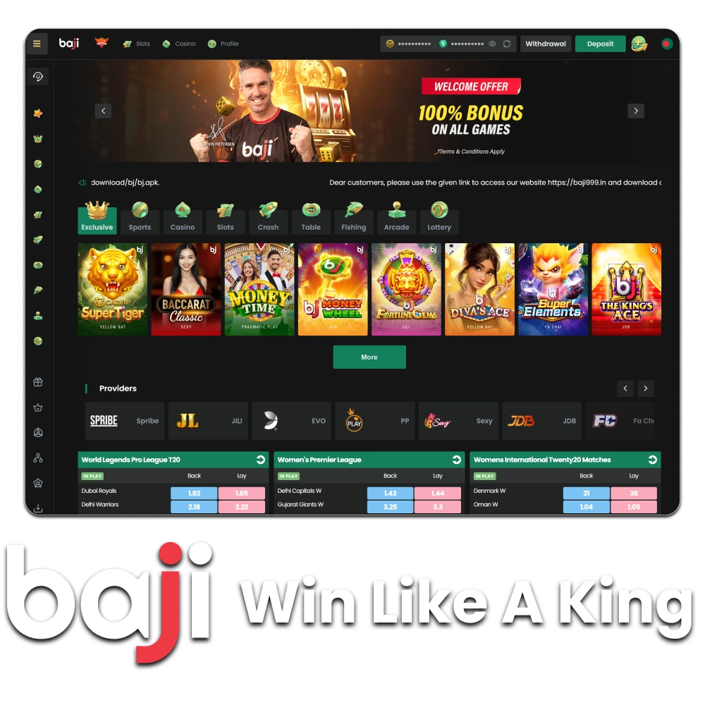 Home page of the Baji website with sports betting and casino games.